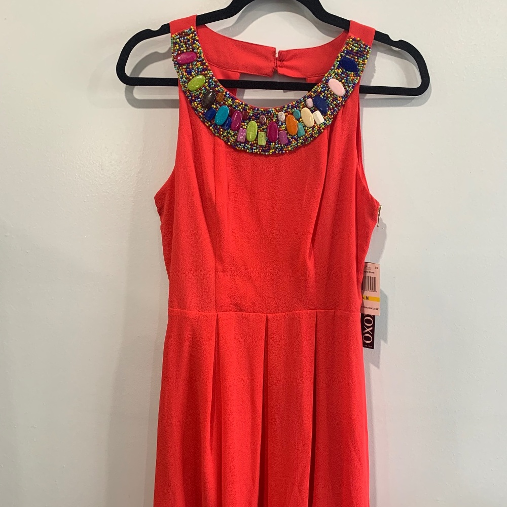 Coral Dress with Multicolored Beaded Collar